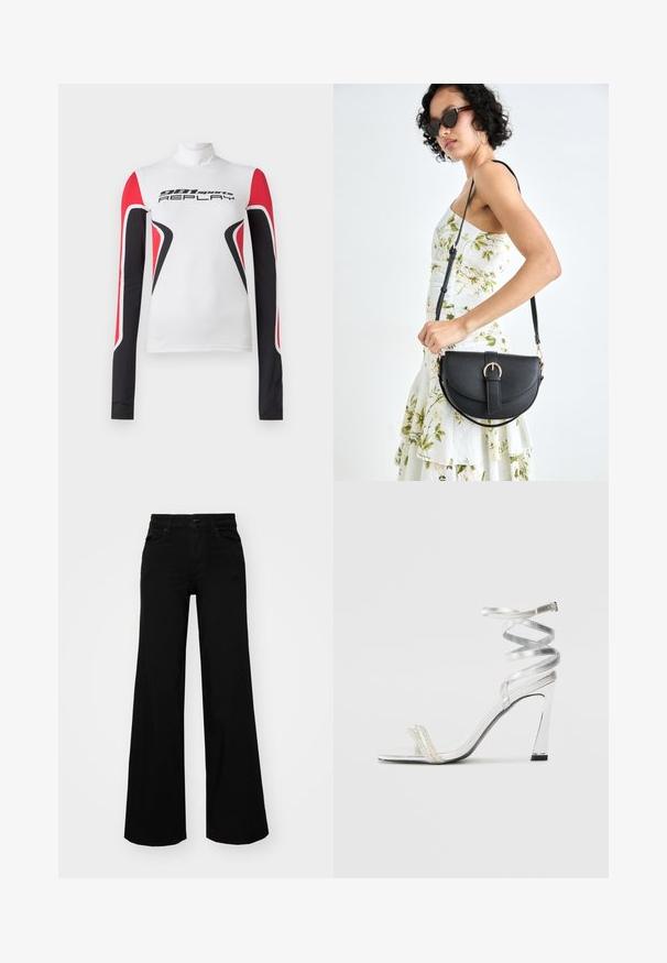 Weißes Langarm-Sportoberteil mit roten und schwarzen geometrischen Mustern sowie dem Schriftzug "981 sports REPLAY" auf der Vorderseite, mit einem hohen Kragen.; Schwarze weit geschnittene Hose aus Denim, mit einem strukturierten Bund, Gürtelschlaufen und Fronttaschen. Glatte Textur mit klassischem Design.; Silberne High-Heel-Sandale mit einem glänzenden Riemen-Design, das einen perlenähnlichen Akzent und einen spiralförmigen Knöchelriemen für einen sicheren Sitz bietet.; Schwarze Lederhandtasche mit geschwungener Form, abnehmbarem Tragegurt und goldenen Beschlägen. Die Tasche verfügt über einen Deckel mit einer Schnallen-Details.