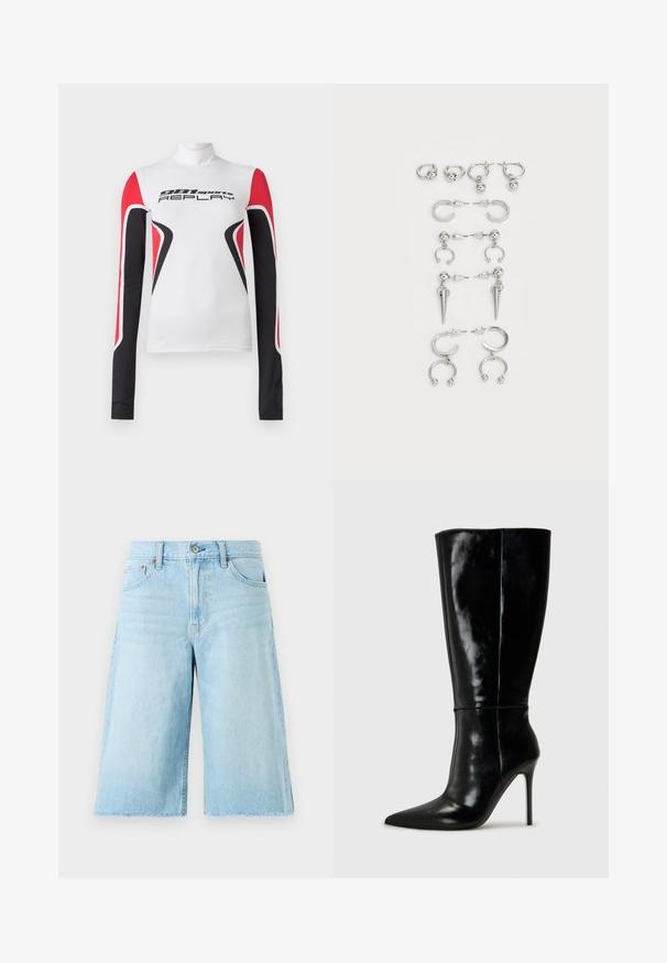 Camisola desportiva de mangas longas branca com padrões geométricos em vermelho e preto e texto "981 sports REPLAY" na frente, com um colarinho alto.; Calças de ganga de cor azul-clara, com um ajuste solto, bainha desfiada, cinco bolsos e ferragem metálica. Design clássico de jeans com desbotamento sutil.; Botas de couro pretas até ao joelho com bico fino e salto alto de agulha. Textura suave e design elegante, com detalhes mínimos.; Conjunto de brincos de prata com diversos designs: argolas, studs e modelos pendentes, com acentos de bola e elementos pontiagudos.