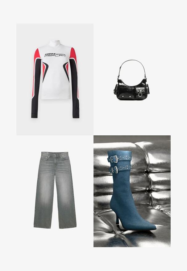 Weißes Langarm-Sportoberteil mit roten und schwarzen geometrischen Mustern sowie dem Schriftzug "981 sports REPLAY" auf der Vorderseite, mit einem hohen Kragen.; Weit geschnittene graue Denim-Jeans mit leicht abgeriebenem Design, Fünf-Taschen-Design und klassischem Knopf- und Reißverschluss.; Blaue Denim-Ankle Boots mit spitzem Zehenbereich, hohem Absatz und zwei silbernen Schnallen, die mit Nieten auf dem oberen Band verziert sind. Strukturierte Stoffoberfläche.; Schwarze Lackleder-Handtasche mit geschwungenem Design, einem Schulterriemen, Vordertaschen und silberfarbenen Hardware-Akzenten.
