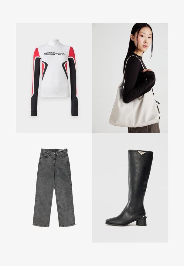 Baltas ilgo rankovės sportinis marškiniai su raudonais ir juodais geometriniais raštais bei tekstu "981 sportas REPLAY" priekyje, turintys aukštą apykaklę.; Juodos plonos tiesios kojos džinsai su aukštu liemeniu, priekinėmis kišenėmis, diržo kilpomis, mygtuko uždarymu ir prekės ženklo vidine liemeniu etikete.; Juodi iki kelių bokštai iš lygaus odos, su kvadratiniu pirštu ir vidutiniu bloku aukštu kulniuku, kuriame yra metalinis akcentas.; Bežinė rankinė, pagaminta iš minkštos medžiagos, turinti laisvą dizainą, siuvinėtas detalės ir dvi petnešos. Tinkama kasdieniam naudojimui.