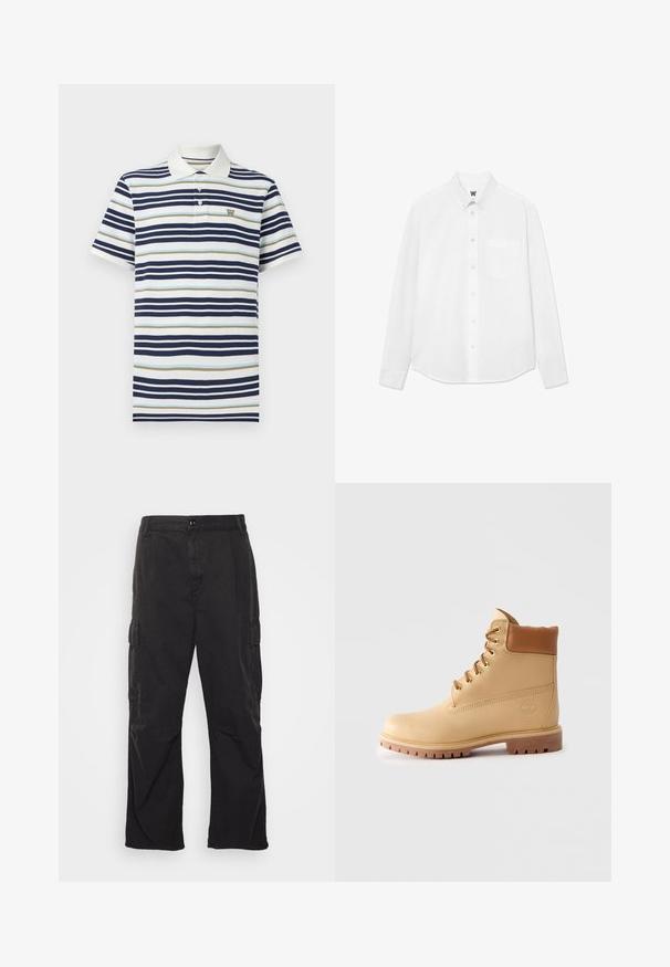 Tengerészkék, világoskék és bézs csíkos polo ing. 100% pamut anyag klasszikus gallérral és három gombos nyitással. Kicsi logó a mellrészen.; Fehér, hosszú ujjú, gombos ing, gallérral, elülső zsebből és finom textúrából. Az elülső gombolás gombokkal és egy kis logó részlettel rendelkezik.; Fekete cargo nadrág egyenes szárú fazonnal, két oldalsó zsebbel, gombos záródással és texturált anyaggal.; Világosbarna bőr bokacsizma párnázott gallérral, arany szemekkel, világosbarna cipőfűzőkkel és vastag, bordás talppal egy egyszerű világos háttér előtt.