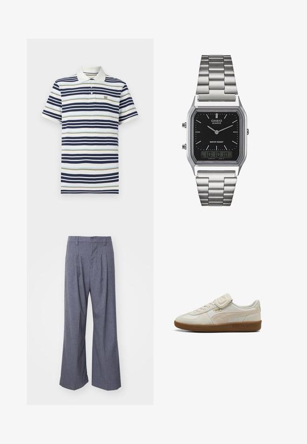 Jūras spēku, gaiši zils un bēšs svītrains polo krekls. Kokvilnas materiāls ar klasisku apkakli un trīs pogu slēgšanu. Mazs logos uz krūšu.; Pelēkas svītrainas bikses ar platu kāju dizainu, priekšpusē ar krokām un gludu tekstūru. Nav redzamu detaļu vai akcentu.; Balti ādas tenisa apavi ar teksturētām akcentiem, gumijas zole un zelta logo detaļa. Iekļautas saites un velcro siksna aizvēršanai.; Sudraba nerūsējošā tērauda kvarca pulkstenis ar melnu taisnstūra seju, kas aprīkota ar analogajām rādītājiem, digitālo displeju un ūdensizturības norādi.