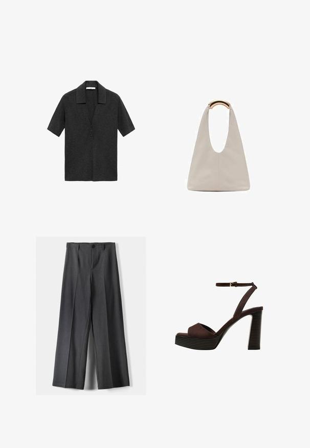 Donkergrijze polo met korte mouwen, gemaakt van zachte stof, met een notch-kraag en een drie-knopen sluiting aan de voorkant.; Wijde broek in donkergrijze stof, met een knoopsluiting, voorplooien en riemlussen. Gladde textuur met een op maat gemaakte uitstraling.; Bruine suède high-heeled sandaal met een open teen, verstelbare enkelband en een gestreepte plateauzool.; Lichtgrijze leren tas met een U-vormig ontwerp en een gebogen metalen handvat. Glad oppervlak met minimale stiksels en geen zichtbare patronen.