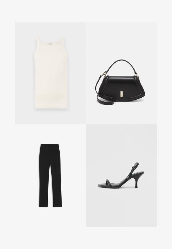Cream ribbed tank top with thin straps, fitted design, and a straight hem. Label reads "IVY OAK." Material appears soft and stretchy.; Black tailored trousers with a straight-leg design, featuring front pockets and a smooth, textured fabric. Neat, minimal detailing.; Black leather high-heeled sandals with a slim, curved heel and a crossed strap design. Adjustable ankle strap. Smooth texture.; Black leather handbag with a structured design, featuring a cropped shape, top handle, and gold hardware accent. Adjustable shoulder strap included.