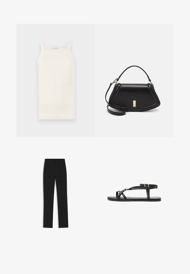 Cream ribbed tank top with thin straps, fitted design, and a straight hem. Label reads "IVY OAK." Material appears soft and stretchy.; Black tailored trousers with a straight-leg design, featuring front pockets and a smooth, textured fabric. Neat, minimal detailing.; Black leather sandals with thin straps and a buckled ankle strap. Flat sole with a textured finish and zigzag edge. Minimalist design.; Black leather handbag with a structured design, featuring a cropped shape, top handle, and gold hardware accent. Adjustable shoulder strap included.
