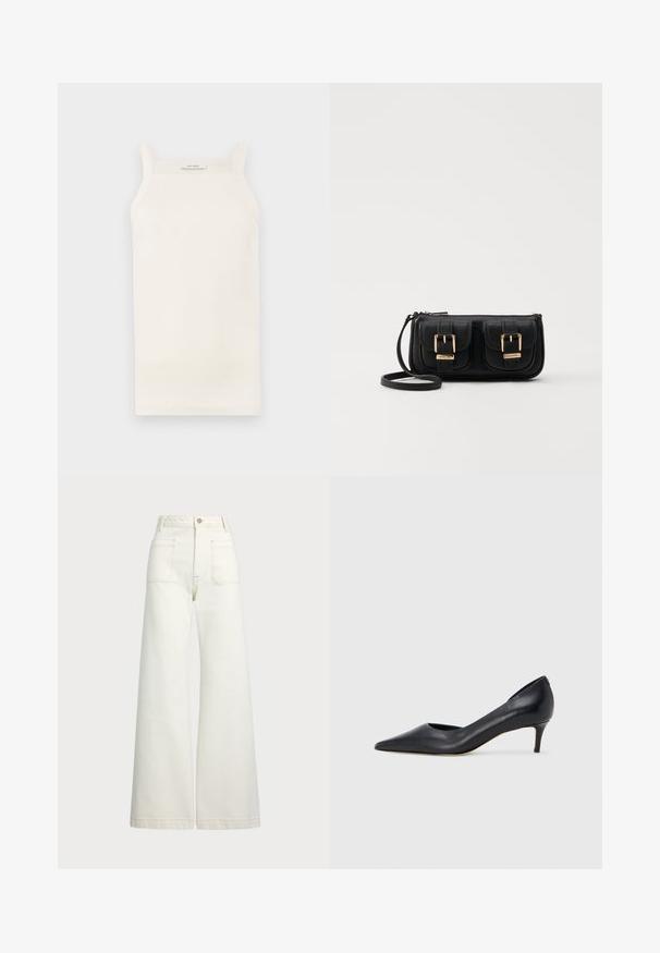 Top de alças finas, em creme, com efeito canelado, design justo e bainha reta. A etiqueta diz "IVY OAK". O material parece suave e elástico.; Jeans de perna larga em denim off-white. Design de cintura alta com fecho de botão, dois bolsos frontais e detalhes de costura em contraste.; Sapato de salto alto preto em pele com bico fino e salto baixo. Apresenta uma textura suave e brilho subtil. Corte aberto na parte da frente para um detalhe adicional.; Bolsa de ombro em couro preto com dois bolsos frontais, fivelas douradas, fecho de zíper e uma alça fina. Superfície texturizada e forma retangular compacta.