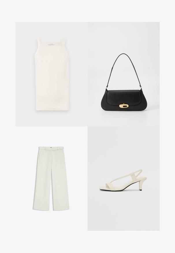 Crème geribbelde tanktop met dunne bandjes, aansluitend ontwerp en rechte zoom. Label leest "IVY OAK." Het materiaal lijkt zacht en rekbaar te zijn.; Wijde broek in licht crèmekleurige stof, met zijzakken, een platte voorkant en een enkele knoopsluiting bij de taille. Glad van textuur.; Beige blockhak sandalen met dunne bandjes en een vierkante neus. Glad materiaal met minimale details, ontworpen voor eenvoudig dragen.; Zwarte leren handtas met een gebogen ontwerp, goudkleurige accenten en een bovenhandvat. Heeft een strakke sluiting en een gladde textuur.