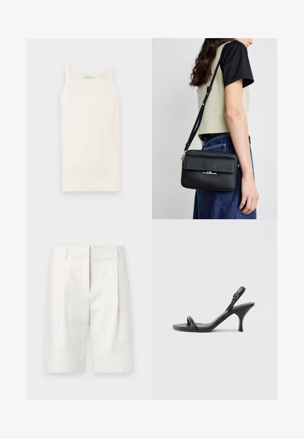 Kreemjas soonik, millel on õhukesed rihmad, keha lähedane lõige ja sirge ääre. Sildi peal on tekst "IVY OAK." Materjal näib olevat pehme ja veniv.; Heledad helevärvilised puuvillased lühikesed püksid, millel on lame esiosa, voldid ja sirge lõige. Sile tekstuur klassikalise viimistlusega.; Mustad nahast kõrgete kontsadega sandaalid, millel on saledad, kõverad kontsad ja ristatud rihma disain. Reguleeritav pahkluu rihm. Sile tekstuur.; Calvin Klein LINEAR CAMERA BAG - Ülerinna-kott - black
