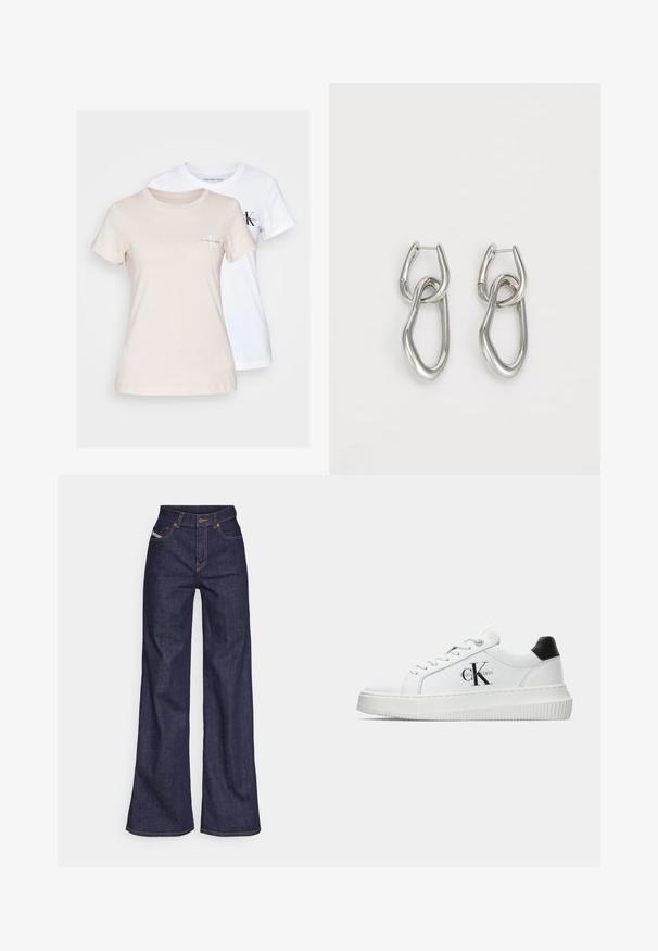 Két rövidujjú póló, az egyik világos bézs, a másik fehér színű, pamutból készült, és egy kis logó található a mellrészen.; Sötétkék, bő szárú farmernadrág, magas derékkal, narancssárga varrással, öt zsebes kialakítással és gombos zárással.; Fehér alacsony szárú edzőcipő fekete saroktabbal, platform talppal, fűzőkkel és Calvin Klein "CK" logóval az oldalán.; Calvin Klein STATEMENT LINKS - Fülbevalók - silver-coloured