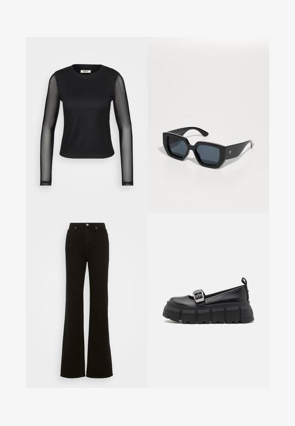 Black long-sleeve top with a solid body and sheer mesh sleeves. Features a round neckline and fitted silhouette. Fabric appears smooth and stretchy.; High-waisted black flared jeans made of denim, featuring a button closure, side pockets, and a smooth texture.; Black platform loafers with a rounded toe, smooth leather upper, adjustable buckle, and textured rubber sole featuring horizontal ridges.; Black oversized sunglasses with a geometric design, rectangular lenses, and glossy finish. No visible branding on the front.