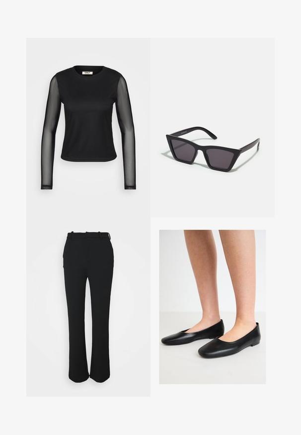 Black long-sleeve top with a solid body and sheer mesh sleeves. Features a round neckline and fitted silhouette. Fabric appears smooth and stretchy.; Black, tailored trousers with a smooth finish, straight leg design, and a waistband. Features subtle stitching details and no pockets.; Black ballet flats made of smooth leather with a rounded toe and a low, flat sole, featuring a slip-on design and no visible hardware.; Black, angular sunglasses with gray lenses; made of plastic, featuring thick arms with a smooth surface and no visible hardware.; Brown leather handbag with two sturdy handles, rectangular shape, smooth texture, and zip closure. Minimalist design with no visible patterns.