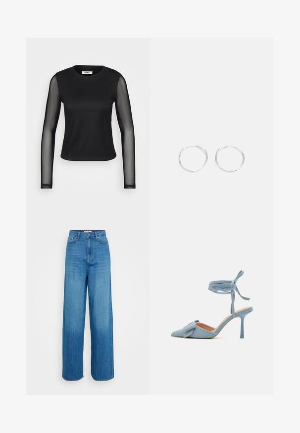 Must kandiga pika varrukatega särk, millel on ühtlane värv ja läbipaistev võrkkangas varrukad. Omab ümmargust kaelust ja sügavat siluetti. Kanga tekstuur näeb välja sile ja veniv.; Sinised kõrge vöökohaga laia säärega teksad, millel on ees nupp ja tõmblukk, ees ja taga taskud ning õmblustatud servad valgel taustal.; Kitsas varbaga kõrge kontsaga kingad helesinisest kangast, millel on tekstuuriga viimistlus, kaunistatud paeltega ja pahkluuringiga, tagamaks kindlat sobivust.; Hõbedased rõngaskõrvarõngad, millel on sujuv ja ümar disain, millel on sile pind ja nähtavad kaunistused puuduvad. Diameeter ei ole täpsustatud.