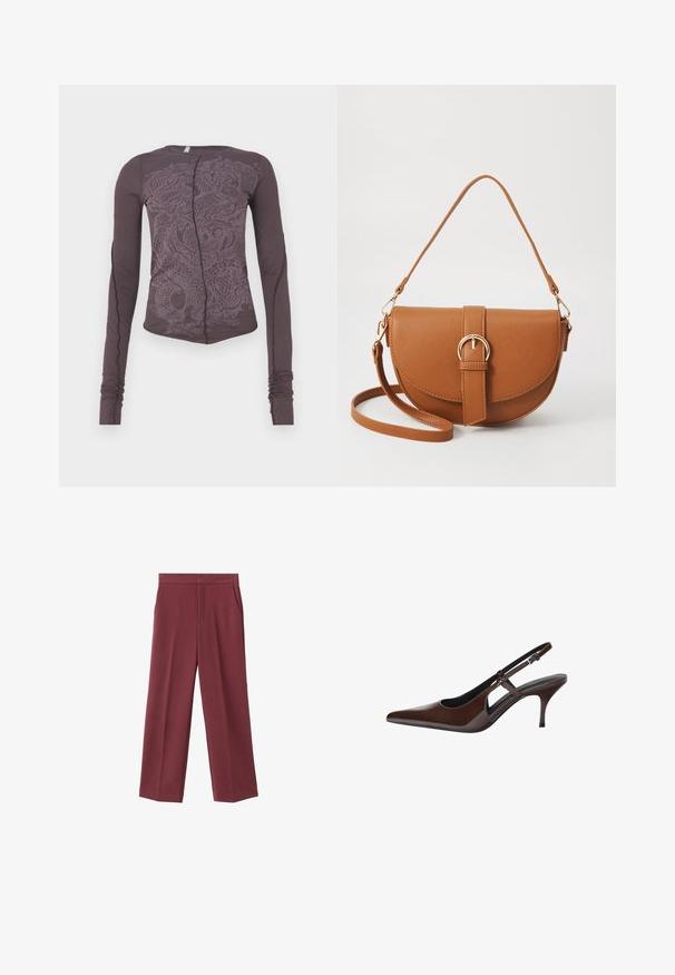 Langarmtop van donkerpaars materiaal met een tonale draakgrafiek, slanke pasvorm, ronde halslijn en gathered mouwboorden.; Bordeaux brede broek met een zachte textuur, voorzien van zijzakken en een hoogtaille ontwerp. Strak gesneden met een nette voorplooi.; Bruine gepatenteerde leren slingback pump met een spits toelopende neus, open uitsparingen en een dunne hak. Voorzien van een verstelbare gesp.; Bruine leren schoudertas met een gebogen vorm, gouden hardware en een gespaccent. Bevat een afneembare schouderriem.