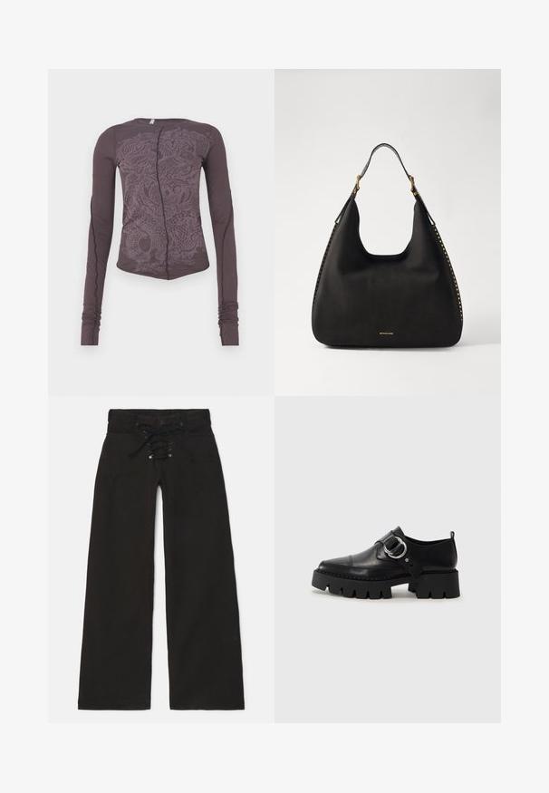 Sötétlila anyagú, hosszú ujjú felső, tónusos sárkány grafikával, karcsú fazonnal, kerek nyakkivágással és ráncolt ujjvégekkel.; Fekete, bő szárú nadrág magas derékkal, fűzős elejével és patentos zárással. Denim anyagból készült, sima textúrával.; Fekete bőr cipők tömzsi, bordázott talppal, kerek ezüst hardware díszítéssel és minimális varrási részletekkel.; MICHAEL Michael Kors NOLITA HOBO  - Kézitáska - black