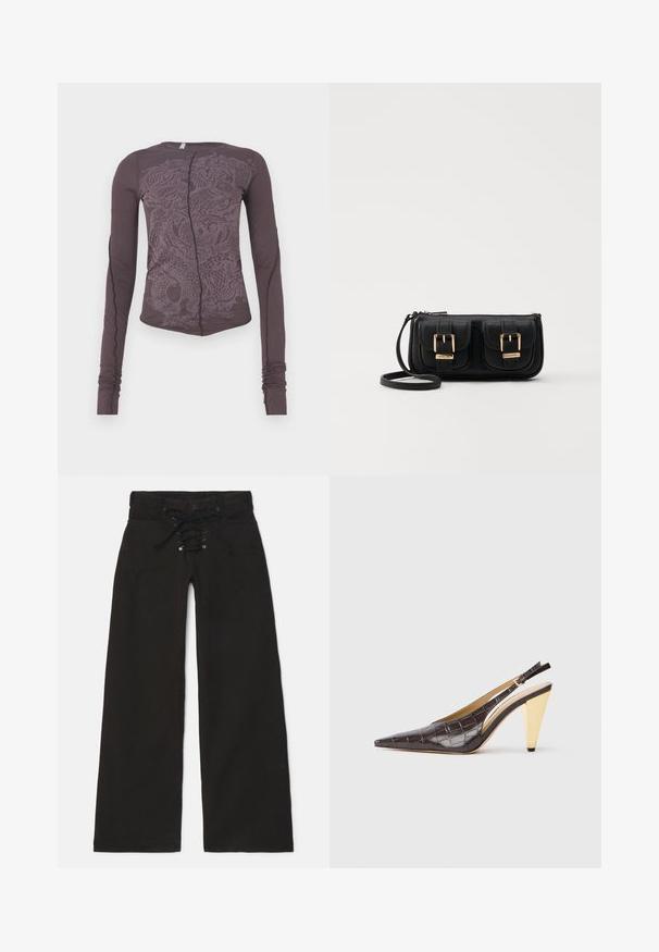 Long-sleeve top in dark purple fabric featuring a tonal dragon graphic, slim fit, round neckline, and gathered sleeve cuffs.; Black wide-leg pants with a high waist, featuring a lace-up front closure and snap button. Made of denim with a smooth texture.; Pointed-toe slingback heel in dark brown glossy faux crocodile leather. Features a gold-tone geometric heel and adjustable ankle strap.; Black leather crossbody bag with two front pockets, gold buckles, zipper closure, and a slim strap. Textured surface and compact rectangular shape.