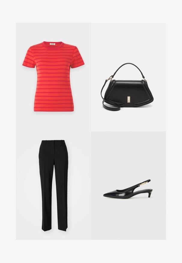 Rotes, geripptes T-Shirt mit horizontalen, dunkler roten Streifen, Rundhalsausschnitt und kurzen Ärmeln, das eine taillierte Form hat.; Schwarze, taillierte Hose mit geradem Bein, aus einem glatten Stoff und mit klaren Falten an der Vorderseite. Keine sichtbare Hardware.; Schwarze Leder-Slingback-Pumps mit spitzem Schuhblatt, ausgestattet mit einem schlanken Absatz und einem goldfarbigen Akzent am verstellbaren Riemen. Glatte Textur.; Schwarze Lederhandtasche mit einem strukturierten Design, das eine verkürzte Form, einen oberen Griff und goldfarbene Hardware-Details aufweist. Verstellbarer Schulterriemen ist enthalten.