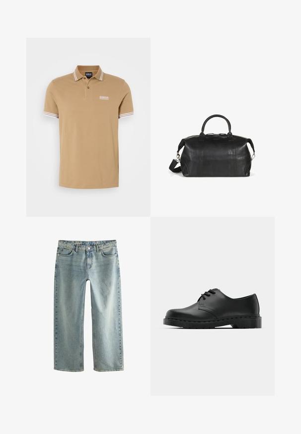 Tan polo shirt van zacht katoen, met een drieknopenplacket, korte mouwen met witte strepen, en een klein logo op de borst.; Lichtblauwe denim baggy jeans hebben een rechte pijp, een vijf-pocket ontwerp en een zichtbare metalen knoopsluiting.; Zwarte leren oxford schoenen met vetersluiting, ronde neus, platte rubberen zool en subtiele stiksel details langs het bovenwerk.; Zwarte leren reistas met ronde handvatten, een afneembare schouderriem en subtiele stikdetails. Soepele textuur en praktisch ontwerp.