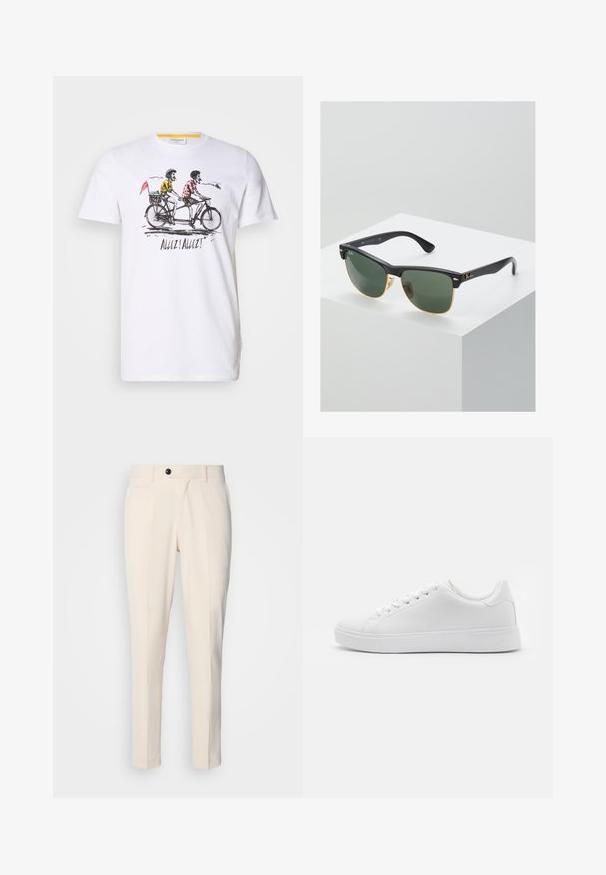 Balts kokvilnas T-krekls ar melnu un krāsainu ilustrāciju, uz kuras attēloti divi riteņbraucēji uz tandēma velosipēda, ar tekstu "Allez! Allez!" zem ilustrācijas.; Beige pielētas bikses ar plakanu priekšpusi, vienu pogu aizdari un diviem slīpiem sānu kabatām. Gluda auduma ar šauru piegriezumu un sašaurinātu kāju.; Baltas sporta apavus ar gludu sintētisku virsu, noapaļota purngalu, sešiem caurumiem šņorēm un zemu profilu gumijas zoli ar teksturētu detalizāciju.; Ray-Ban saulesbrilles ar zaļiem stikliem, melniem plastmasas rāmiem un zelta akcentiem malās. Kvadrāta forma ar matētu apdari.