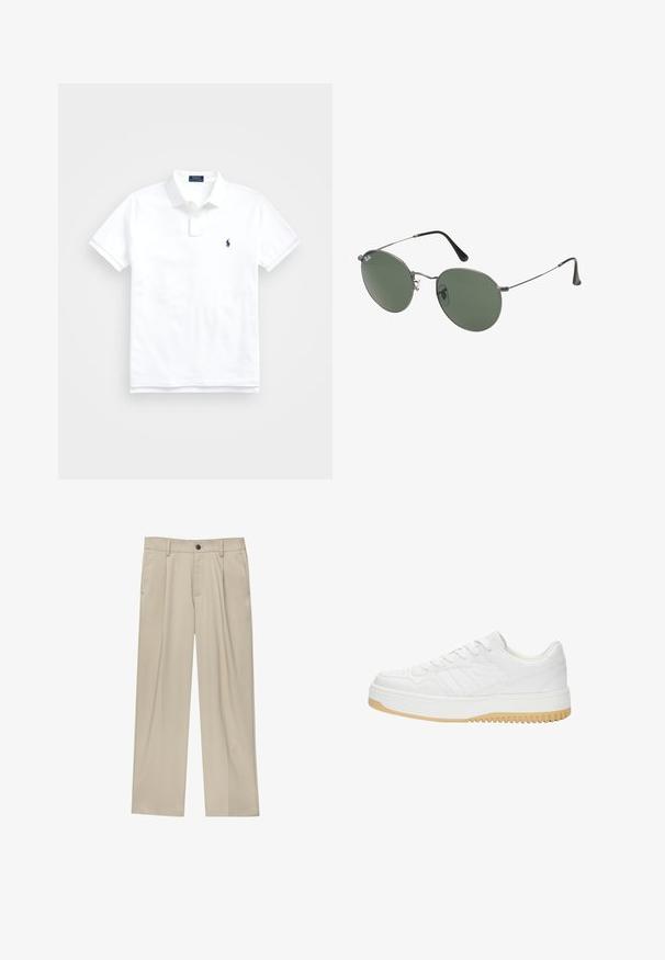Biela polo košeľa vyrobená z bavlny, s klasickým golierom, krátkymi rukávmi a malým námorníckym logom na ľavej hrudi. Dvojité gombíkové zapínanie.; Béžové nohavice s rovný strihom, s jedným čiernym gombíkom, pútkami na opasok a bočnými vreckami. Hladká textúra látky a minimálny dizajn.; Biele kožené tenisky s textúrovaným povrchom, s gumovou podrážkou, šnurovacími detailami a subtilnými pruhmi na stranách.; Sunglass s metalovým rámom s oválnymi zelenými šošovkami. Tenký strieborný kovový rám a čierne štuple za uši. Minimalistický dizajn, bez viditeľných log.