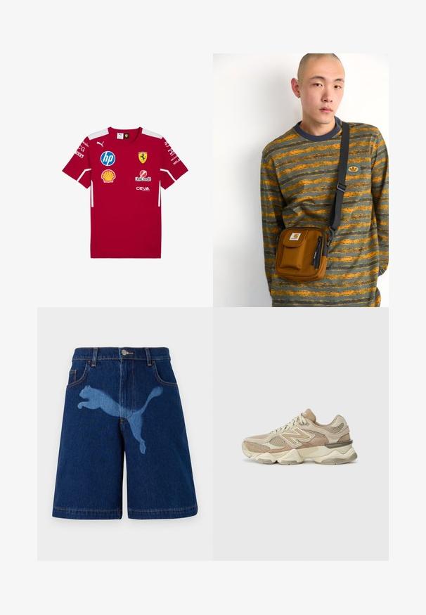 Červený dres s krátkym rukávom vyrobený z hladkej látky, zdobený bielymi akcentmi a množstvom log sponzorov, vrátane emblému Ferrari na hrudi.; Džínové šortky v tmavomodrej farbe so svetlomodrým siluetou skáčucej mačky. Klasický dizajn s piatimi vreckami a viditeľnými švovými detailmi.; Béžové športové tenisky s sieťovinou a semišovými materiálmi, zaoblenou špičkou, hrubou podrážkou a výraznými reflexnými akcentmi po stranách.; Hnedá látková kabelka cez telo s zipsom a prednou kapsou; nosená cez dlhý rukáv s pruhmi v šedej a oranžovej farbe so logom.