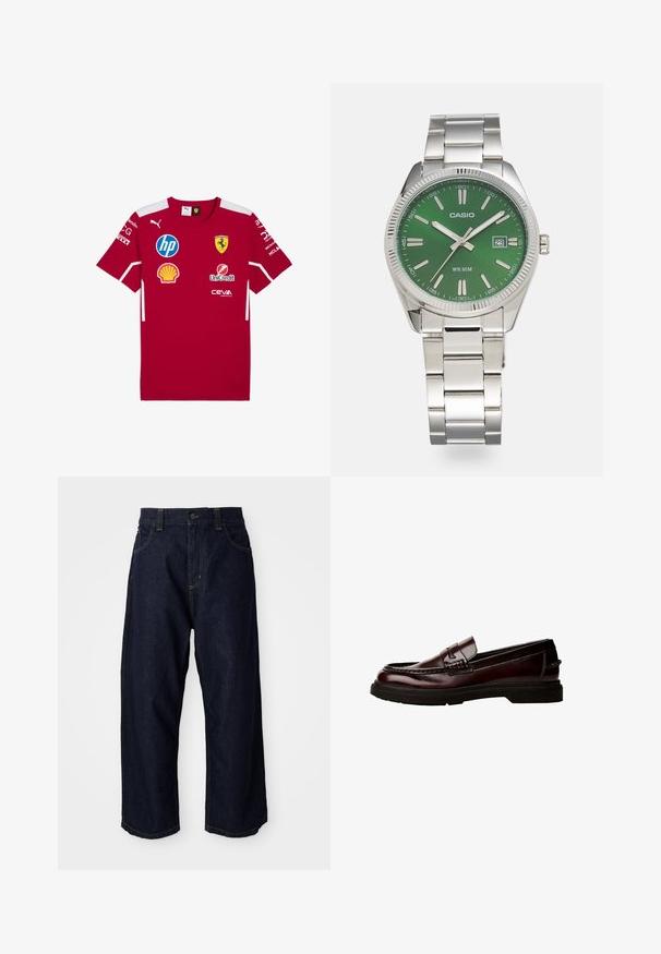 Czerwona koszulka z krótkim rękawem, wykonana z gładkiego materiału, z białymi akcentami i wieloma logotypami sponsorów, w tym emblematem Ferrari na piersi.; Granatowe dżinsowe spodnie o luźnym kroju, z zapięciem na guziki, szlufkami na pasek oraz żółtymi przeszyciami na kieszeniach i szwach.; Brązowe skórzane loafersy z zaokrąglonym noskiem, detalicznym przeszyciem i gumową podeszwą. Posiadają dekoracyjną taśmę oraz gładką fakturę.; Srebrny zegarek ze stali nierdzewnej z okrągłą zieloną tarczą, srebrnymi znacznikami godzin, wyświetlaczem daty i metalową bransoletą. Wodoszczelny do 50 metrów.