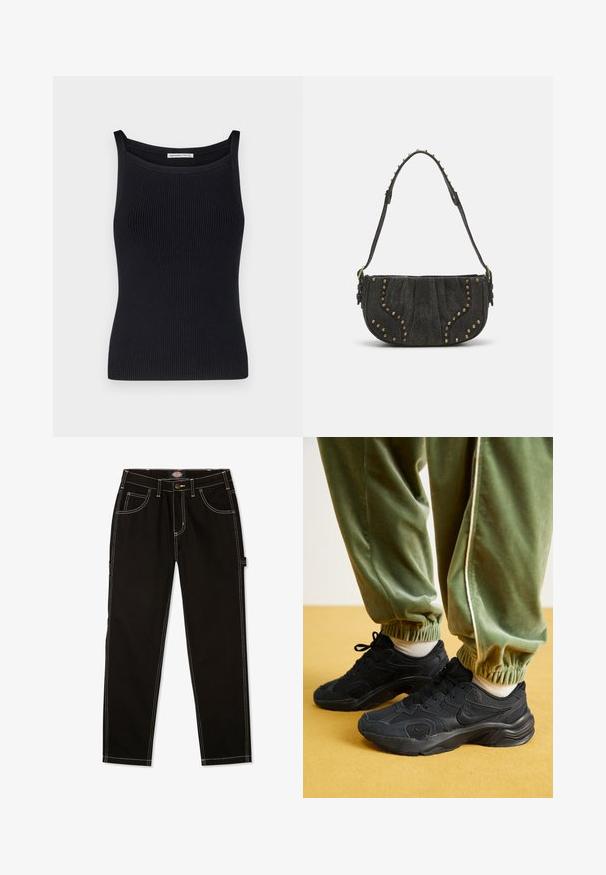 Abercrombie & Fitch SQUARENECK OTTOMAN TANK - Top - black beauty; Pantalones de mezclilla negros con costuras blancas en contraste, cinco bolsillos y una etiqueta en el lateral. Ajuste estándar, diseño de pierna recta.; Zapatillas deportivas negras con superposiciones de malla y sintético, suela texturizada, combinadas con pantalones de chándal verdes con puños elásticos, sobre una superficie amarilla.; Bolso de piel de ante negro con un diseño curvado, que presenta acentos de remaches y una superficie texturizada. Correa ajustable con detalles de tachuelas a lo largo del borde.; Pendientes de aro de plata con un acabado liso y pulido. Forma redonda y cierre de click seguro. Diseño ligero adecuado para el uso diario.