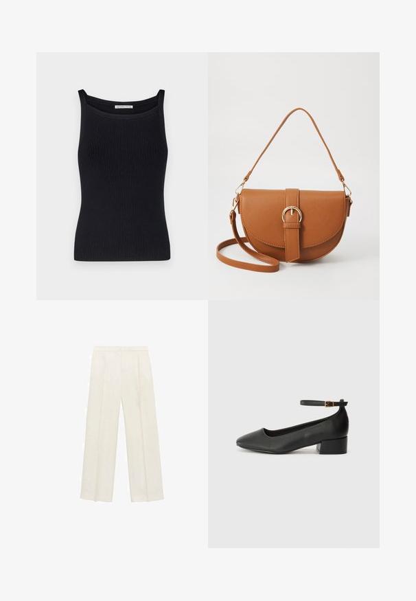 Abercrombie & Fitch SQUARENECK OTTOMAN TANK - Top - black beauty; Hlače širokog kroja u svijetloj krem boji. Izrađene su od glatkog materijala s plisama sprijeda i bočnim džepovima.; Crne kožne pumpe s oštrim vrhom i niskom blok petom. Sadrže remen oko gležnja s zlatnim kopčanjem. Glatka tekstura.; Smeđa kožna torba preko tijela s zakrivljenim oblikom, zlatnim metalnim detaljima i naglaskom na kopču. Ima odvojivu naramenicu.