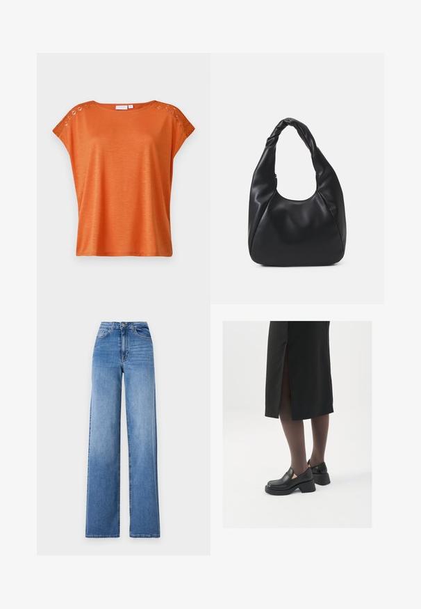 Orange kortärmad topp i lätt tyg. Har en dekorativ spetspanel på axeln. Avslappnad passform och slät textur.; Ljusblå vida jeans tillverkade av denim, med hög midja, framfickor och standard knäppning. Slät textur.; Svarta läderskor med rund tå, tjock klack utan häl och elastiska sidodetaljer, kombinerat med mörka strumpbyxor och en svart kjol med slits.; Svart hobo-väska i slätt läderliknande material med ett tvinnat handtag, med en mjuk, rundad form och dragkedjestängning upptill.; Silverfärgade hoopörhängen med en minimalistisk design. Cirkulär form, slät yta och tunn profil. Lätta med en polerad finish.