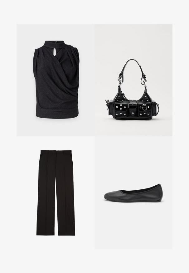 Juodas be rankovių topas su aukštu coloriu, drapiruotu dizainu ir rakto skylutės priekine detale. Pagamintas iš švelnios medžiagos su subtiliu spindesio efektu.; Juodos pritaikytos kelnės, pagamintos iš lygaus audinio, su tiesiomis kojomis ir dviem šoniniais kišenėmis. Elegantiška ir minimalistinė konstrukcija.; Juodai odiniai baletai su apvaliu pirštu, lygi texture, minimalus siuvimo detales ir lanksčiu padų dizainu.; Juodas odinis rankinukas su kreiviu dizainu, su sidabro spalvos knopkėmis, užsegimu ir dviem šoninėmis kišenėmis. Reguliuojama dirželis nešimui.