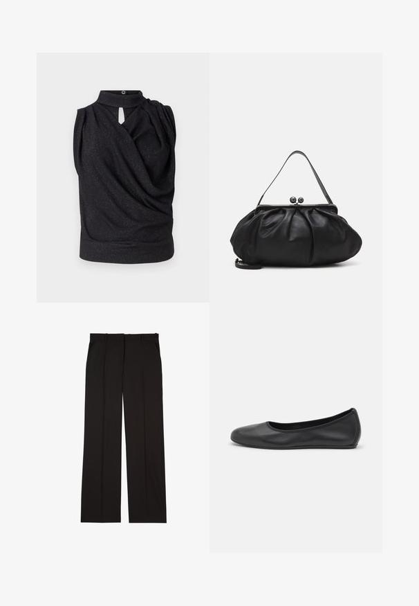 Sort ærmeløs top med høj krave, draperet design og detaljeret nøglehul foran. Lavet af blødt stof med en subtil glimmer-effekt.; Sorte skræddersyede bukser lavet af et glat stof, med et lige ben-design og to sidelommer. Elegant og minimalistisk konstruktion.; Sort læderballetsko med rund tå, glat tekstur, minimal syning og et fleksibelt såldesign.; Sort læderpung med et rundt, plisseret design. Har en metalspænde med to dekorative kugler og et slankt, aftageligt rem.