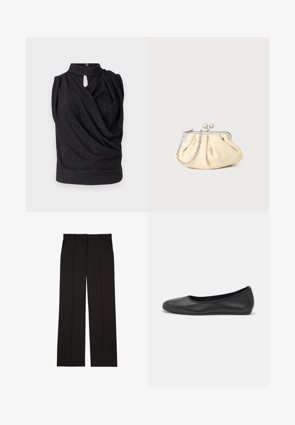 Musta ilmanhiha paita, jossa on korkea kaulus, laskostettu muotoilu ja avainaukko etuosa. Valmistettu pehmeästä kankaasta, jossa on hienovarainen kimallusvaikutus.; Mustat räätälöidyt housut, jotka on valmistettu sileästä kankaasta. Housuissa on suora lahje ja kaksi sivutaskua. Elegantti ja minimalistinen rakenne.; Musta nahkainen ballerina, jossa on pyöristetty kärki, sileä pinta, minimaalinen ommelkoristelu ja joustava pohjamuotoilu.; Beige nahkaista kassi, jossa on laskostus ja hopeinen metallirunko, kaksi pyöreää koristeellista solkea sekä hopeaketjuolkayh.