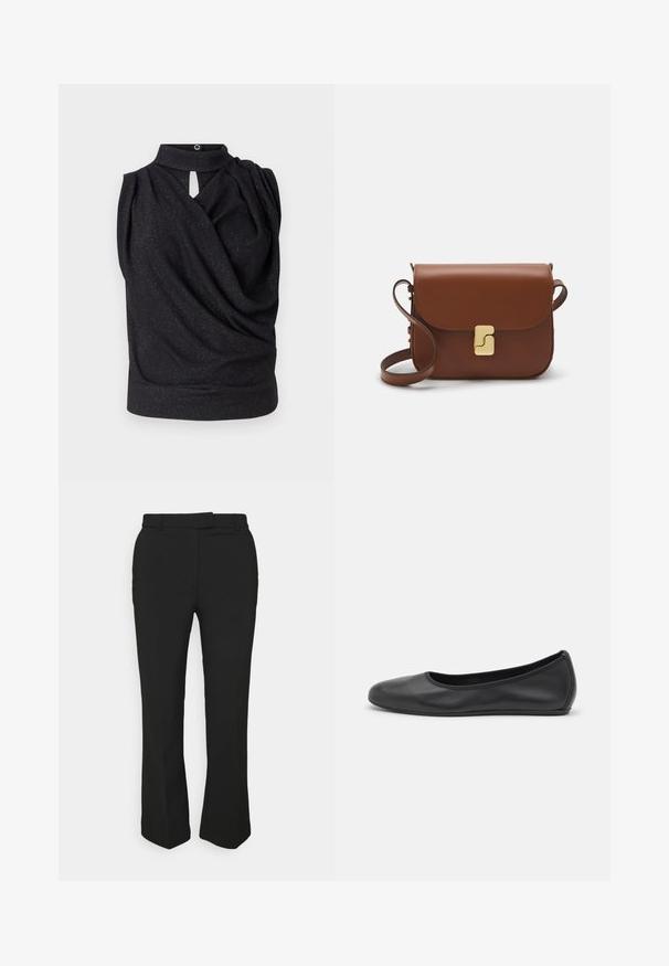 Schwarzes ärmelloses Oberteil mit hohem Kragen, drapiertem Design und einem Schlüsselloch-Frontdetail. Hergestellt aus weichem Material mit einem subtilen Schimmereffekt.; Schwarze, maßgeschneiderte Hose mit geradem Bein, ausgestattet mit Gürtelschlaufen und Seitentaschen. Hergestellt aus glattem Stoff mit sauberem Finish.; Schwarze Leder-Ballettschuhe mit abgerundeter Spitze, glatter Textur, minimalen Nähdetails und einem flexiblen Sohlen-Design.; Braune Ledertasche mit Klappenverschluss, Beschlägen in Goldfarbe, einem Schultergurt und einer glatten Oberfläche. Kompakte rechteckige Form.