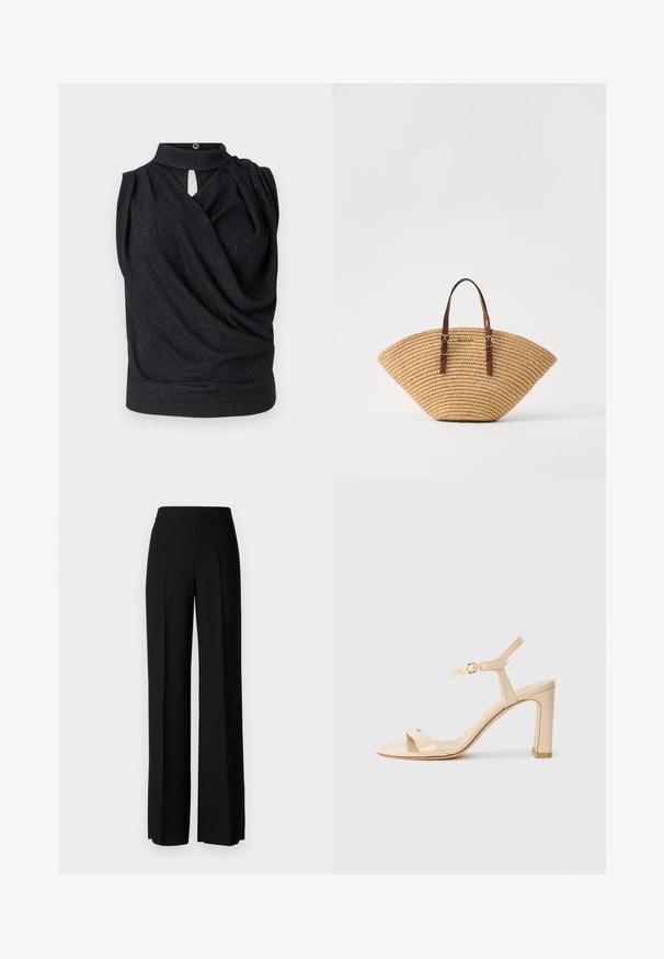 Schwarzes ärmelloses Oberteil mit hohem Kragen, drapiertem Design und einem Schlüsselloch-Frontdetail. Hergestellt aus weichem Material mit einem subtilen Schimmereffekt.; Schwarze weite Hosen mit einer glatten Textur, ausgestattet mit einem hohen Bund und mittleren Falten. Keine sichtbaren Muster oder Hardware-Details.; Beige High-Heel-Sandale mit Knöchelriemen und goldener Schnalle, offene Zehen und Blockabsatz auf weißem Hintergrund.; Strohhästchen in Fächerform mit braunen Ledergriffen und strukturiertem Gewebe. Natürlicher Tan-Farbton mit glatter Oberfläche und minimalen Akzentdetails.