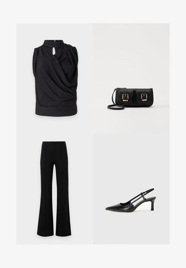 Top senza maniche nero con colletto alto, design drappeggiato e dettagli a chiave sulla parte anteriore. Realizzato in tessuto morbido con un sottile effetto luccicante.; Pantaloni neri a zampa d'elefante con vita alta, realizzati in tessuto elastico. Presentano dettagli di cucitura verticale nella parte anteriore e una texture liscia.; Slingback con tacco in vernice nera con punta affusolata, caratterizzato da una stampa a serpente testurizzata, cinturino regolabile e un tacco corto e testurizzato.; Borsa a tracolla nera in pelle con due tasche frontali, fibbie dorate, chiusura con zip e una tracolla sottile. Superficie texturizzata e forma rettangolare compatta.