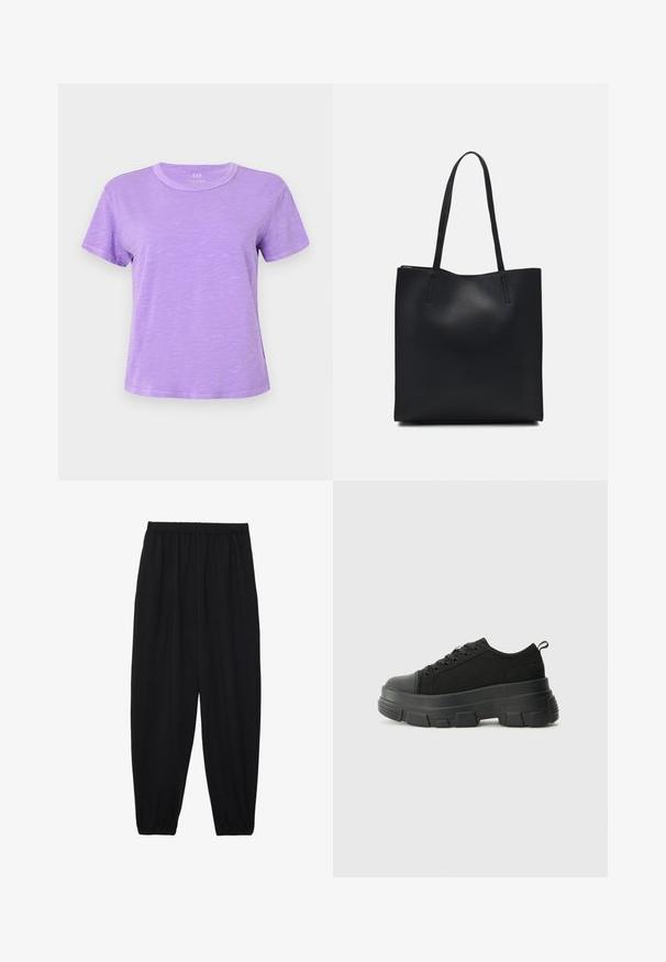 Kurzarm-T-Shirt in hellem Lavendel, aus weichem Stoff; hat einen Rundhalsausschnitt und eine lockere Passform mit subtiler Textur.; Schwarze, leichte Hosen mit einem elastischen Bund und gerafften Knöcheln. Der Stoff ist glatt und hat ein entspanntes, schmal zulaufendes Design.; Schwarze Sneakers mit einer dicken Gummisohle, strukturiertem Obermaterial, runder Zehenpartie und Schnürdesign. Verfügt über verstärkte Ösen und eine Schlaufe an der Rückseite.; Schwarze Laptoptasche aus Leder mit glatter Textur, rechteckiger Form und zwei langen Griffen. Keine sichtbaren Beschläge oder Verzierungen.