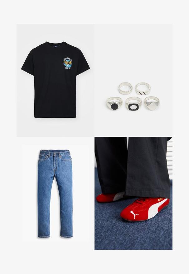 Melnā kokvilnas T-kreklā ar grafikā attēlotu ērglis, zili akcenti un balti burti, kas uzrakstīti "SUPERBIA IN PROELIO" uz priekšpuses.; Zilā denima džinsi ar taisnu piegriezumu, ar piecām kabatām, pogu aizdari un oranžiem šuvju akcentiem uz tīras baltas fona.; Sarkani zīda sneakers ar baltām akcentiem, ar teksturētu materiālu, apaļu purngalu un zeltītu logotipu sānos, valkāti ar melniem biksēm.; Pieci sudraba gredzeni: viens ar melnu apaļu detaļu, viens ar baltu un melnu ģeometrisku rakstu, un citi ar dažādām formām un apdarēm.