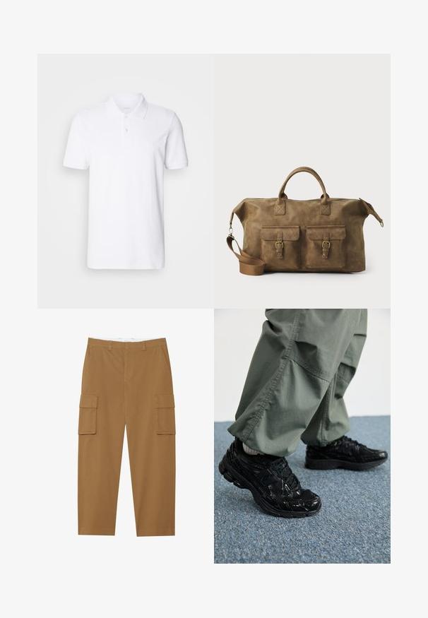 Ecoalf MAN - Polotričko - white; Hnědé cargo kalhoty s dvěma bočními kapsami, plochým předním dílem a rovný střihem nohavic. Vyrobené z odolného materiálu s hladkou texturou.; Černé sportovní tenisky s lesklou a síťovou texturou, s silnou podrážkou a tkaničkami, spárované s volnými olivově zelenými cargo kalhotami.; Hnědá kožená cestovní taška s dvěma předními kapsami, nastavitelným ramenním popruhem, zlatými kovovými prvky a pevnými horními uchy. Hladký povrch.