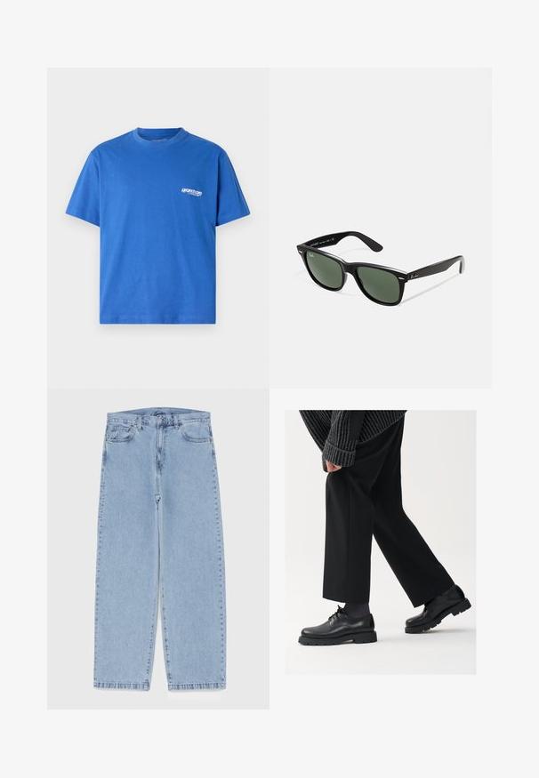 Mėlyna medvilninė marškinėliai trumpomis rankovėmis, apvaliu iškirpimu ir mažas baltas logotipas kairėje krūtinės pusėje. Lygi tekstūra, standartinio silueto.; Šviesiai mėlyni džinsai su tiesiomis kojomis, turintys vidutinio aukščio juosmenį, penkias kišenes ir mygtuko bei užtrauktuko uždarymą.; Juodos odinės kojinės su apvalia nosimi, raištelių dizainu ir storu, tekstūriniu padu. Dėvimos su pritaikytomis juodomis kelnėmis ir liniuotėmis megztiniu.; Juodi plastikiniai saulės akiniai su žaliais objektyvais, kvadratiniais rėmeliais, sidabriniu akcentu ant antakio ir tekstūruotais šventyklų šakutėmis. Vidinėje šakutėje nurodyta prekės ženklo pavadinimas.; Casio skaitmeninis laikrodis su mėlynu ciferblatu, sidabriniu korpusu ir sluoksniuota juoda gumine apyranke. Rodo laiką ir budinimo nustatymus. Atsparus vandeniui.