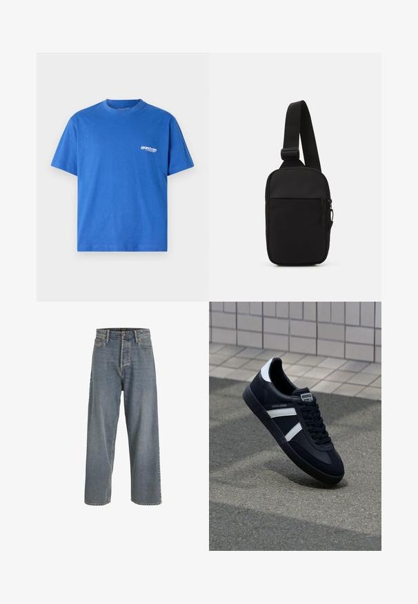 Blauwe katoenen T-shirt met korte mouwen, ronde hals en klein wit logo op de linker borst. Soepele textuur, standaard pasvorm.; Lichtblauwe wijde denim jeans met een hoge taille, vijf-pocket ontwerp en zichtbare stiksels. Zachte textuur met een licht vervaagd uiterlijk.; Zwarte leren sneaker met witte strepen, een gestructureerde rubberen zool en vetersluiting aan de voorkant. Voorzien van een merklabel op de tong.; Zwarte schoudertas gemaakt van duurzaam stof, met een enkele verstelbare schouderband, een gepartitioneerd hoofdcompartiment met rits en een voorvak.