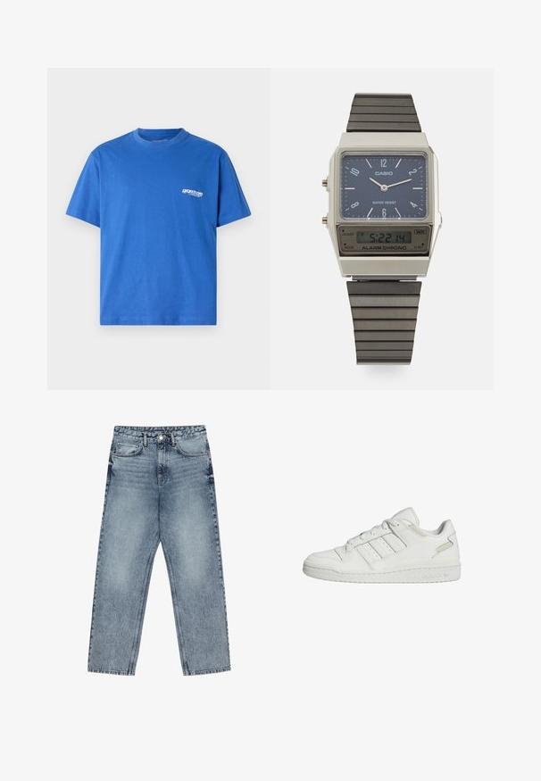 Zila kokvilnas T-krekls ar īsām piedurknēm, apļa kakla izgriezumu un mazu baltu logotipu kreisajā krūtī. Gluda tekstūra, standarta piegriezums.; Gai zilu džinsu bikses ar taisnu kāju griezumu, redzamām šuvēm, piecu kabatu dizainu un pogu aizdari jostasvietā.; Baltie Adidas zemas tenisa kedas ar trim joslām sānos, aukliņu aizdare un mīkstināta zole.; Casio digitālā pulksteņi ar zilu ciparnīcu, sudraba korpusu un slāņainu melnu gumijas siksniņu. Parāda laiku un trauksmes iestatījumus. Ūdensizturīgs.