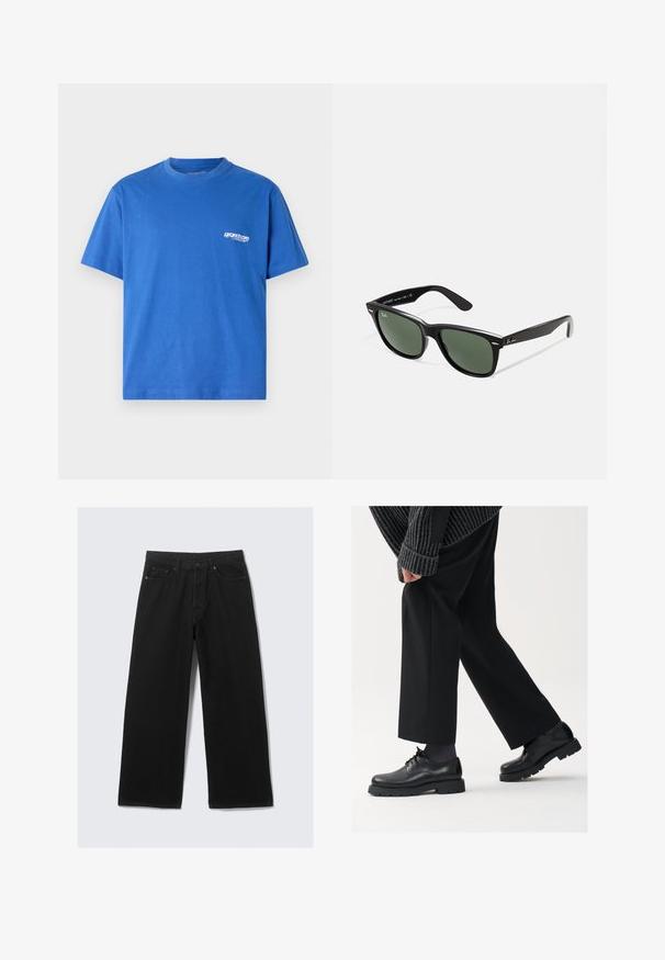 Sininen puuvillaneule t-paita lyhyillä hihoilla, pyöreällä kaula-aukolla ja pieni valkoinen logo vasemmassa rinnassa. Sileä pinta, normaali istuvuus.; Mustat leveälahkeiset farkut, joissa on klassinen viiden taskun muotoilu ja jämäkkä vyötärönauha vyölenkeillä.; Mustat nahkakengät, joissa on pyöreä kärki, nauhakiinnitys ja paksu, teksturoitu pohja. Yhdistetty räätälöityjen mustien housujen ja ribbivillapuseron kanssa.; Mustat muoviset aurinkolasit, joissa on vihreät linssit, neliönmuotoiset kehykset, hopeinen yksityiskohta kulmakarvojen kohdalla sekä tekstuuriset temppeleiden varret. Brändi ilmoitettu sisävarsissa.; Casio digitaalikello, jossa on sininen kellotaulu, hopeinen kuori ja kerroksellinen musta kumihihna. Näyttää ajan ja hälytysasetukset. Vedenkestävä.