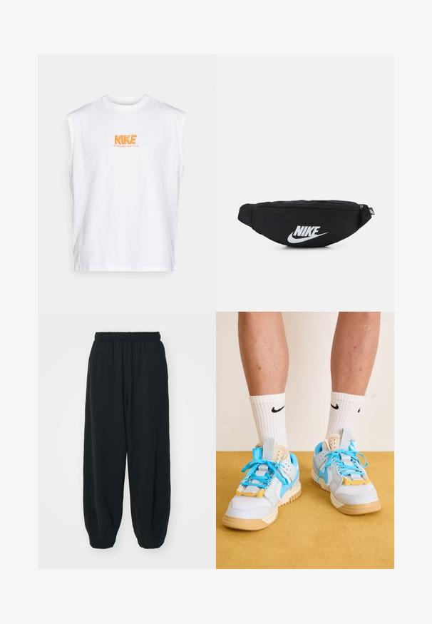 Valge ilma varrukateta puuvillane särk, millel on oranž tikitud "NIKE" logo ja allpool tekst "VICTORY BELONGS TO US".; Mustade elastse vöökoha ja laia lõikega dressipüksid, mansetiga sääred, sile tekstuur ning ilma nähtavate mustrite või detailideta.; Heledad sinised spordijalatsid, millel on pruuni värvi tallad, silmapaistvad türksiisid nöörid ja kollased aktsendid. Tekstureeritud materjalid ja nähtav õhukaitse.; Must must sisaldav must nailonist vöötasku, millel on lukuga sulgemine ja suur valge Nike logo. Sile tekstuur ja ergonoomiline disain mugavaks kandmiseks.