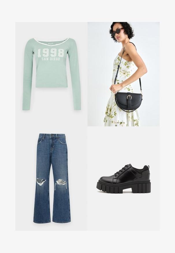 Mentazöld, hosszú ujjas crop top, vállnélküli dekoltázzsal, amelyen fehér nyomott felirat található: "1998 SAN DIEGO" az elején. Puha anyag.; Középkék, bő szabású farmernadrág, különleges térd-szakítékokkal, nyers szegéllyel és klasszikus, öt zsebes dizájnnal, fém gombos záródással.; Fekete bőr platform cipők vaskos blokk sarkakkal, kerek orral és hagyományos fűzős kialakítással. Simára csiszolt felület és minimális részletezés jellemzi.; Fekete bőrtáska ívelt formával, levehető pánttal és arany színű fémrészekkel. A táskán egy csattal díszített fedél található.