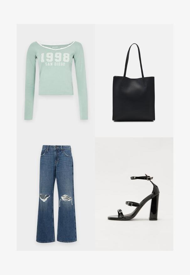 Mintgrön långärmad crop top som har en off-shoulder halsringning och vit tryckt text "1998 SAN DIEGO" på framsidan. Mjukt tyg.; Jeans med vida ben i medelblått, med slitna knäskärningar, råa fållkanter och en klassisk femficksdesign med knapplås i metall.; Svarta lackerade klacksandaler med fyrkantig tå, ankelremmar och silverfärgade spännen. Har en kraftig blockklack för stabilitet.; Svart lädertoffelväska med slät textur, rektangulär form och två långa handtag. Ingen synlig hårdvara eller dekorationer.