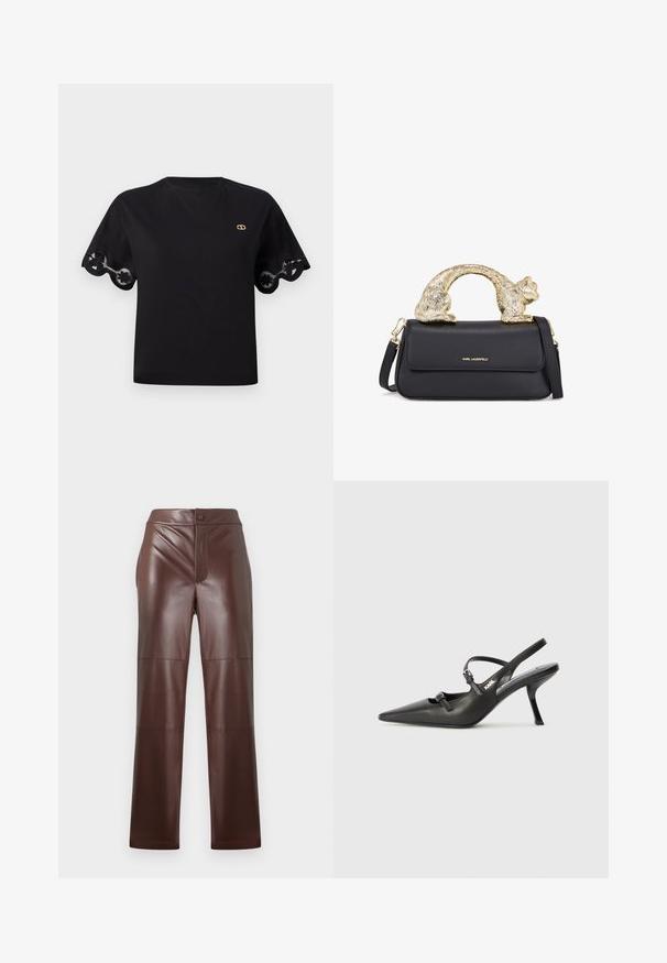 Black cotton t-shirt with short flared sleeves featuring a scalloped lace trim. Small gold logo on the chest. Simple, classic design.; Brown faux leather pants with a straight cut and sleek texture. Features a front zipper and button closure, complemented by tonal stitching.; Black leather slingback heels with a pointed toe, slender heel, and decorative buckle detail on the vamp. Smooth texture and sleek design.; Black leather handbag with a gold cat-shaped handle, featuring a front flap, adjustable strap, and logo detail on the lower front.