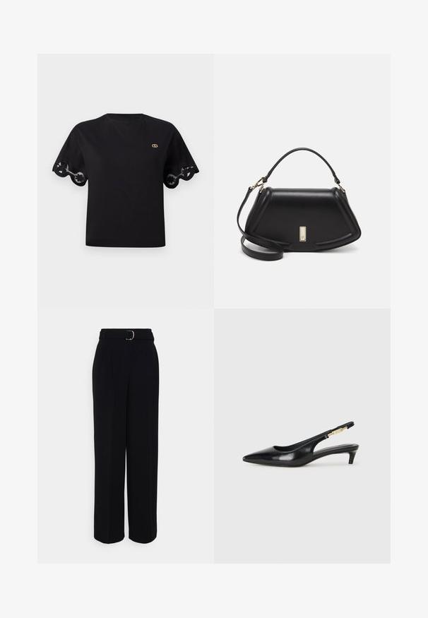 Fekete pamut póló, rövid harangujjakkal, fodros csipke díszítéssel. Apró arany logó a mellrészen. Egyszerű, klasszikus dizájn.; Fekete, testre szabott nadrág, széles szárű sziluettel, ezüst csattal ellátott övvel, pliszékkel és sima textúrával.; Fekete bőr slingback magassarkúk, hegyes orral, vékony sarkakkal és arany színű részlettel a állítható pánton. Simа felület.; Fekete bőr kézitáska, strukturált dizájnnal, rövidített formával, felső fogantyúval és arany színű kiegészítőkkel. Állítható vállpánt is tartozik hozzá.