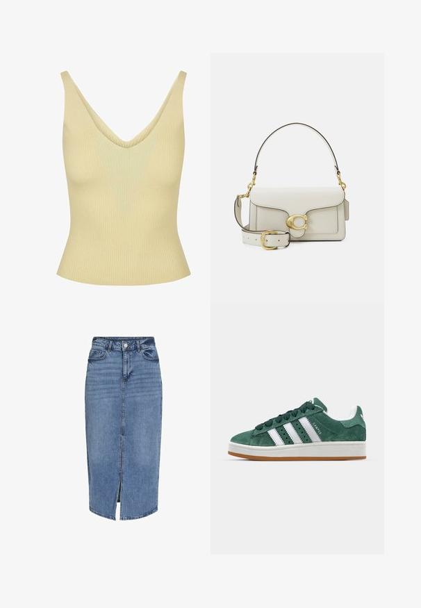 Ribota tankų marškinėliai šviesiai geltonos spalvos su V formos iškirpte, turintys prigludusią siluetą ir minkštą tekstūrą. Reguliarūs petnešėlės, nematoma furnitūra.; Šviesiai mėlyna džinsinė midi sijonas su priekinę skeltą, penkiais kišenėmis, diržo kilpomis ir sagų uždarymu liemens. Klasikinis pritaikymas ir tekstūra.; Žalios zomšinės sportinės bateliai su baltomis odinėmis juostelėmis, guminėmis padangomis, paminkštintu kraštu ir minimalistiniu dizainu. Ant šono yra ženklas.; Balta odinė rankinė su auksinio atspalvio užsegimu, juodais akcentais, nuimamu petiniu dirželiu ir struktūrizuotu dizainu su užlenkiamu užsegimu.