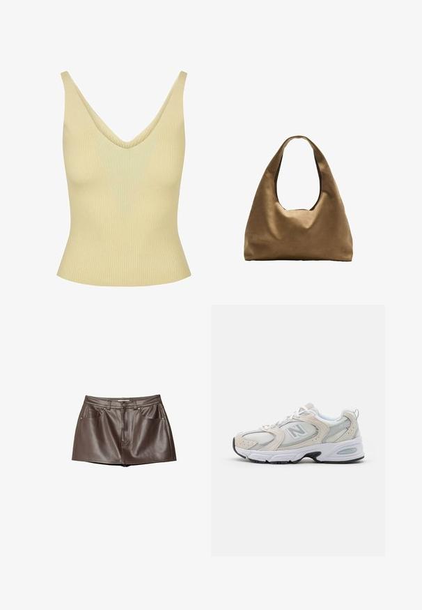 Rippentop in blassgelb mit V-Ausschnitt, mit einer taillierten Silhouette und weichem Material. Reguläre Träger, keine sichtbaren Beschläge.; Brauner Leder-Minirock mit glatter Textur, Gürtelschlaufen, Vordertaschen und einem Knopfverschluss an der Taille.; Sportlicher Schuh mit einem hellgrauen Mesh-Obermaterial und Wildlederakzenten, weißen Schnürsenkeln und einer schwarzen Gummisohle. Auffälliges ABZORB-Dämpfungselement.; Braune Stoffschultertasche mit einem breiten, runden Körper und einem großen Ausschnittgriff. Sanfte Textur, minimalistisches Design und keine sichtbaren Beschläge.