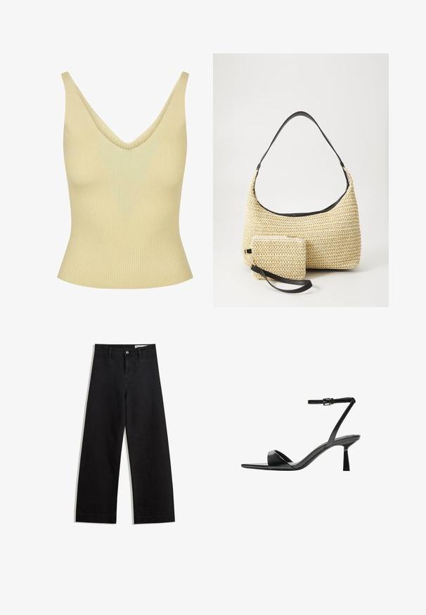 Ribovaný top v svetlo žltej farbe s výstrihom do V, ktorý má priliehavý strih a mäkkú textúru. Bežné ramienka, žiadne viditeľné kovania.; Čierne denimové nohavice s širokými nohavicami a vysokým pásom, so prednými a zadnými vreckami, šitými švami a zapínaním na gombík. Hladká textúra.; Bershka Sandále na vysokom opätku - black; Tkaná slamenná kabelka s prehnutým siluetom, vybavená hladkým čiernym koženým popruhom a zodpovedajúcou malou taštičkou pripevnenou pomocou zápästného popruhu.