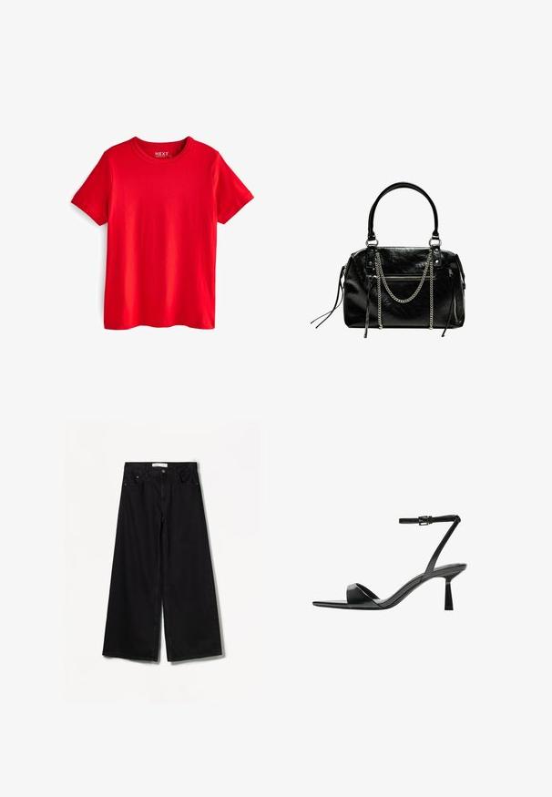 Röd bomullströja med rundad hals och korta ärmar. Har en slät yta utan synliga mönster eller detaljer.; Bershka WIDE-LEG - Wide leg - black; Bershka Sandaletter - black; Bershka WITH CHAIN - Handväska - black